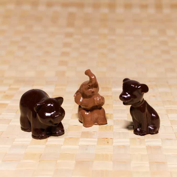 Chocolate animal figures, cake toppers, decorations